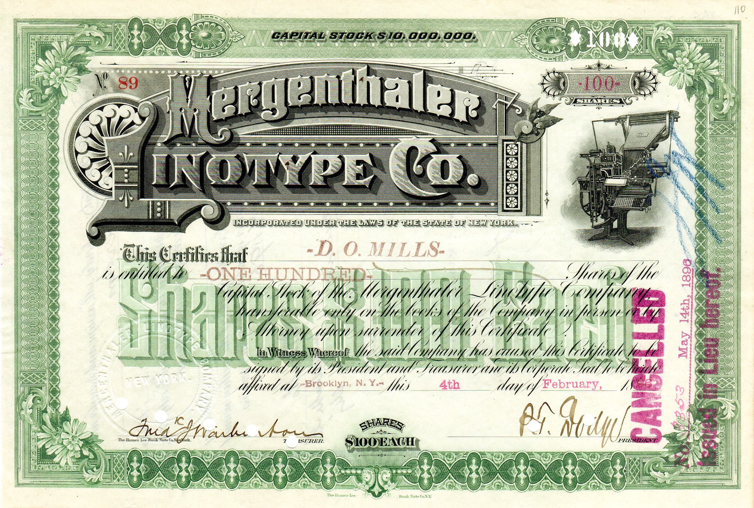 Linotype Stock Certificate
