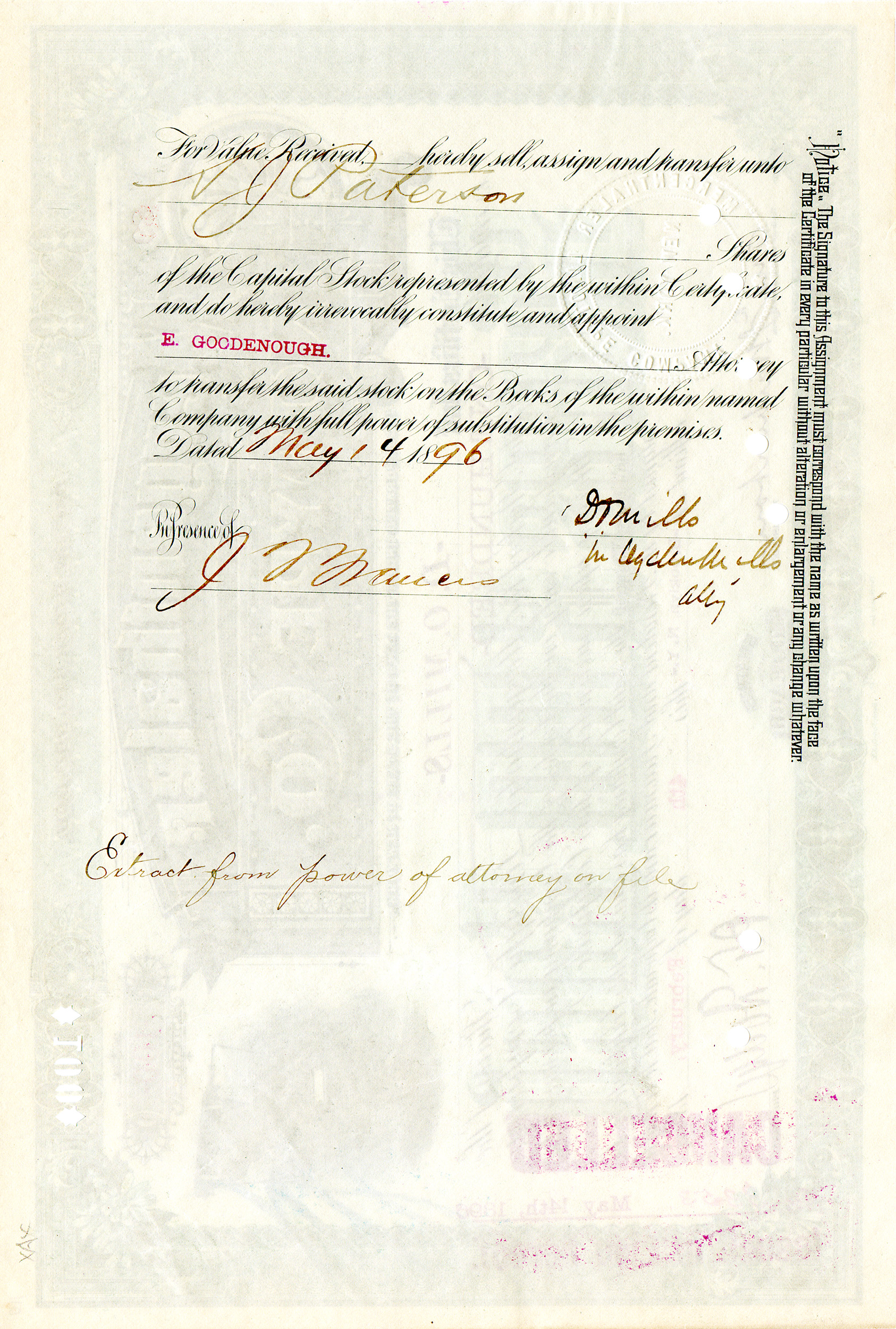 Linotype Stock Certificate Back