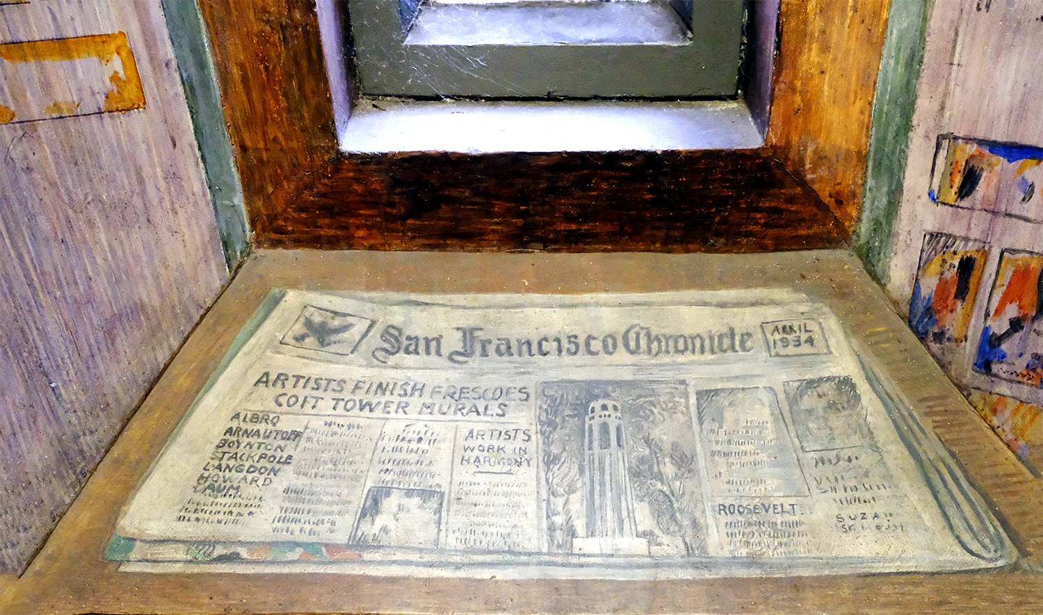 The painted newspaper announcing the completion of the murals in April, 1934