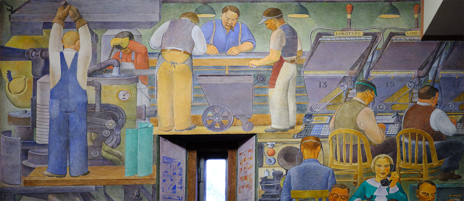 The top half of the mural showing stereotype plate making, composition of a newspaper at the stone, and operators at their Linotypes (click to enlarge)