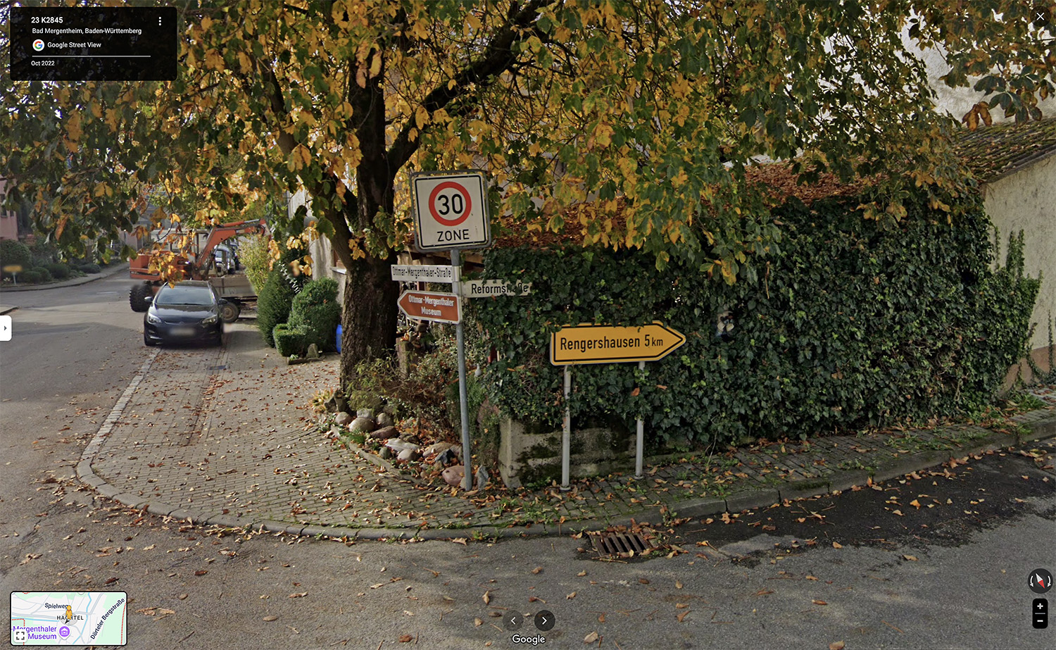 Google street view of Hachtel, Germany — the white Ottmar-Mergenthaler-Straße sign immediately caught my eye!