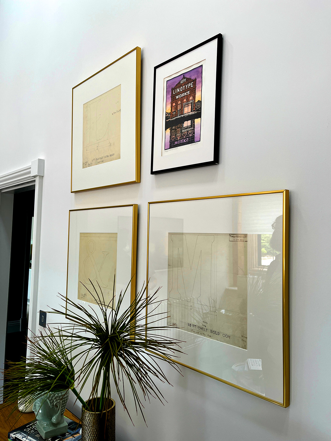 Interior decoration of the apartment features original typeface drawings from the type drawing office at the factory.