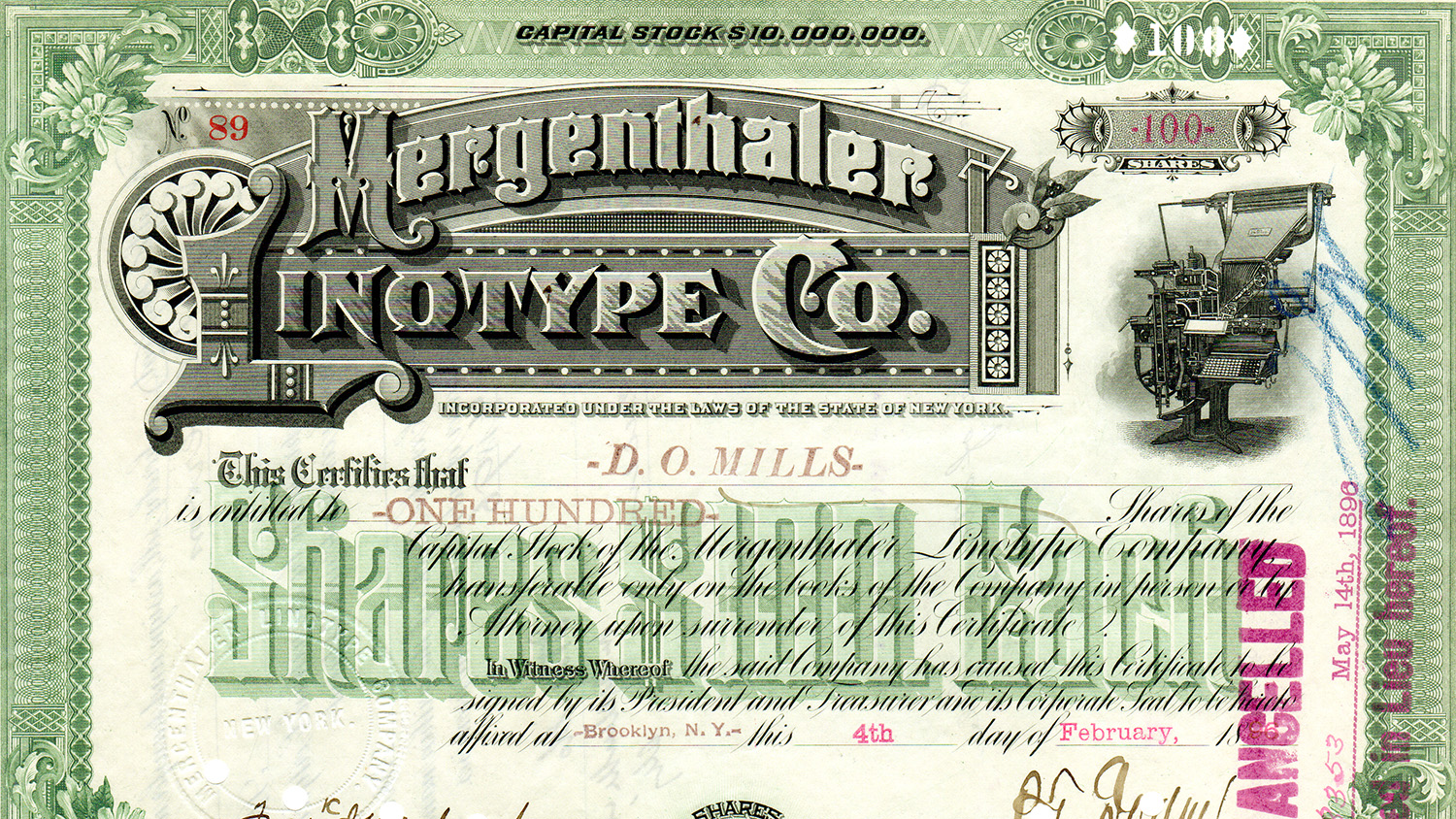 Mergenthaler Linotype Stock Certificate