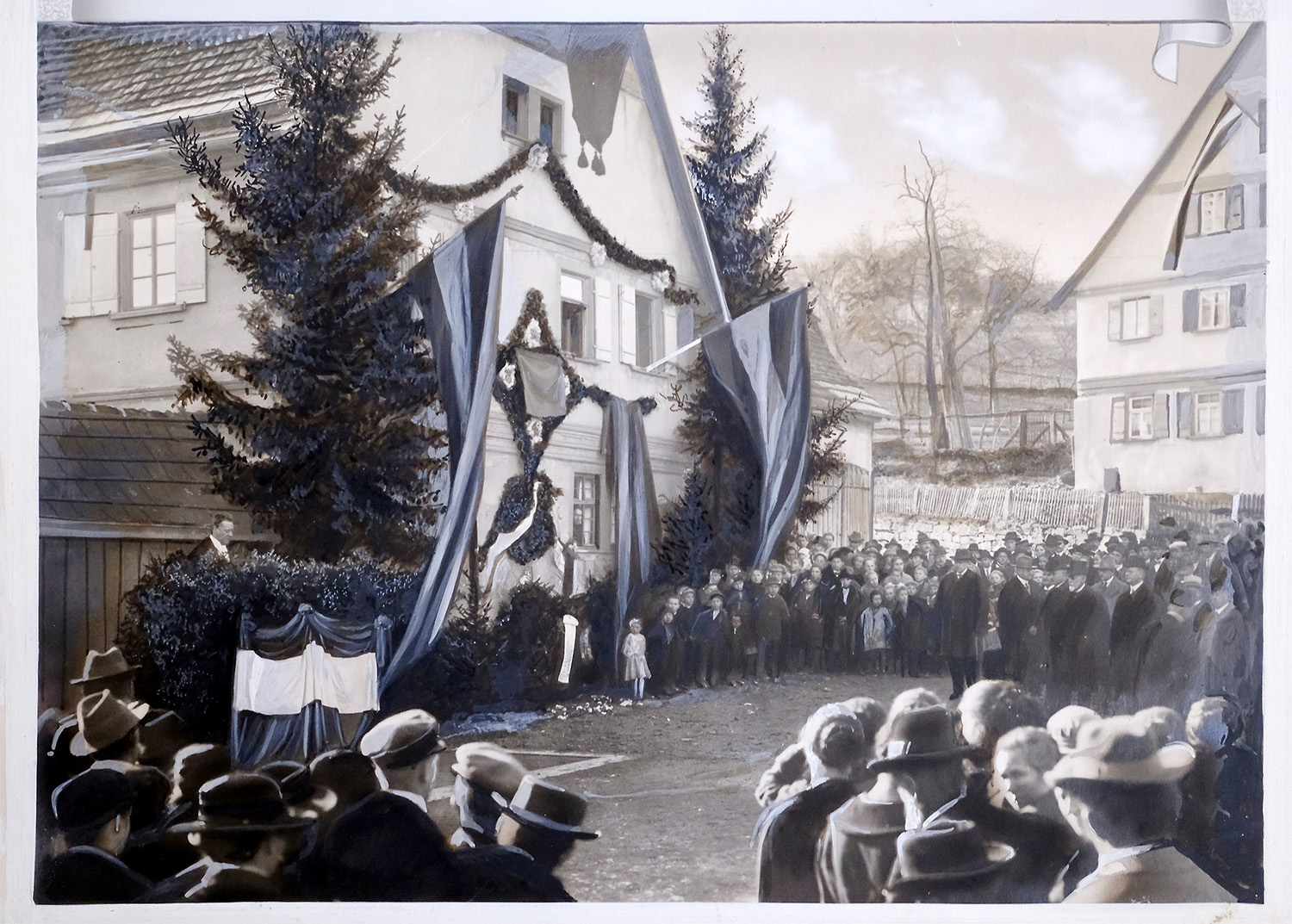 A re-touched image of the 1954 celebration of the 100th anniversary of Ottmar Mergenthaler’s birth in Hachtel (note the added flags and bunting!)