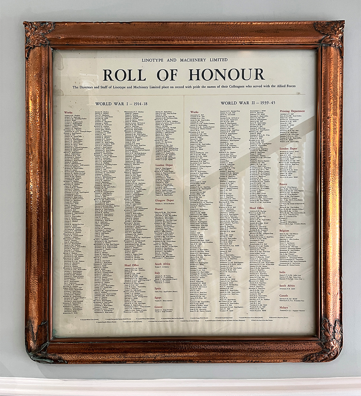 Original printed Roll of Honour inside the building, which inspired the new monument outside.