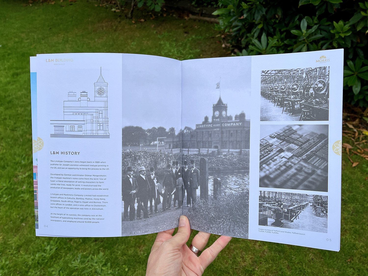 The brochure has a nice spread about the history of the building and the Linotype company. Psst: I won’t fault them for using a picture of hand-set type instead of a column of Linotype slugs locked up — hey, they tried!