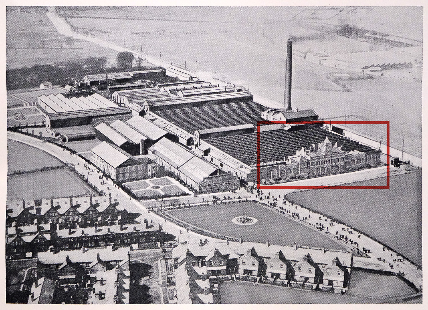 An aerial photo from 1930 of the entire L&M Works. The red box highlights the admin building, which is practically all that survives today.