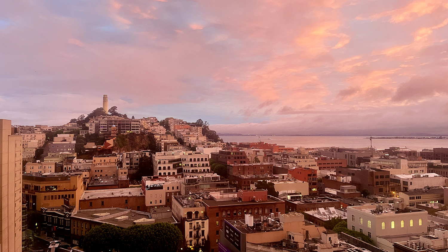 Sunrise view of Coit Tower from the Hilton Financial District hotel in Chinatown