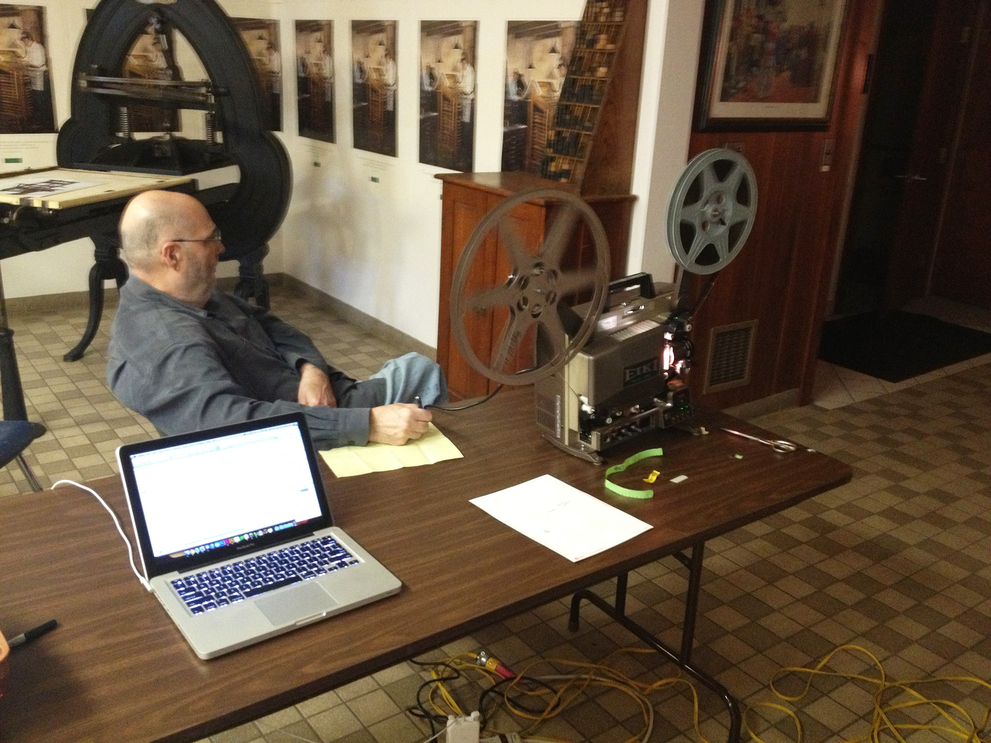 Screening the Schlesinger films with Frank Romano at the Museum of Printing in early 2013. If I remember right, I borrowed a film projector from a local university and flew with it as carry-on luggage ;-)