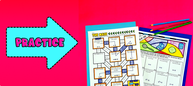 Writing Numerical Expressions Translating Verbal Phrases Practice - Maze and Color by Number Activity