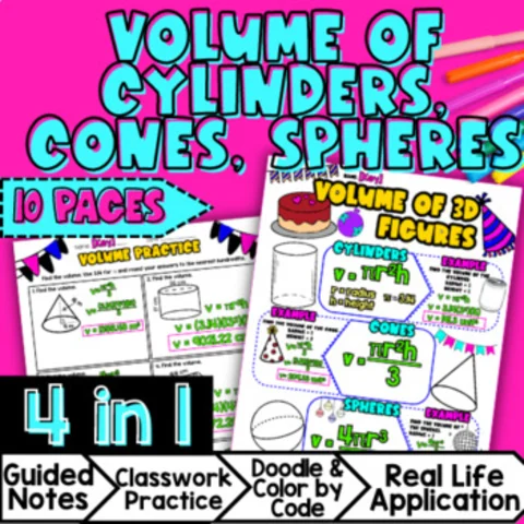 Thumbnail for Volume of Cylinders, Cones, Spheres — Guided Notes Doodle & Color by Number