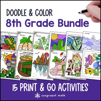 Thumbnail for 8th Grade Doodle Math BUNDLE | Twist on Color by Number Worksheets & Sub Plans