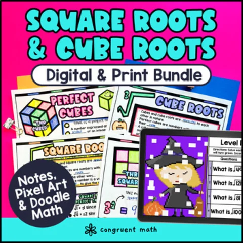 Thumbnail for Square Roots & Cube Roots Digital & Print Bundle | Guided Notes Pixel Art