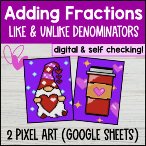 Thumbnail for Adding Fractions Digital Pixel Art Like & Unlike Denominators Google Sheets