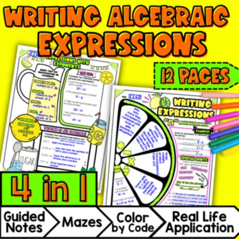 Thumbnail for Writing Algebraic Expressions Operations — Guided Notes, Doodle Color by Number,
