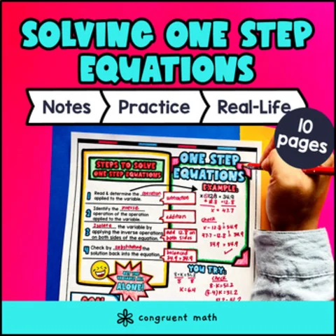 Thumbnail for One Step Equations Guided Notes with Doodles (Positive Answers Only) | 6th Grade