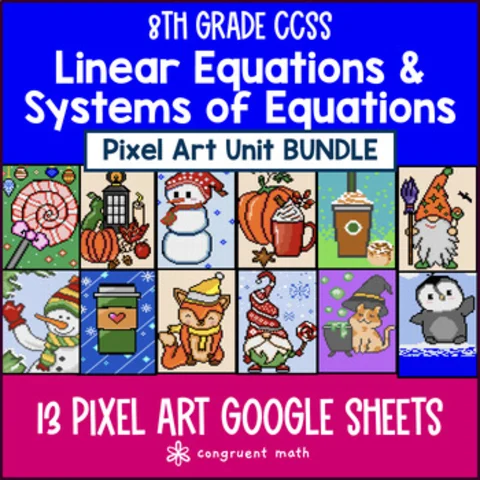 Thumbnail for Linear Equations & Systems of Equations Pixel Art Unit BUNDLE | 8th Grade CCSS
