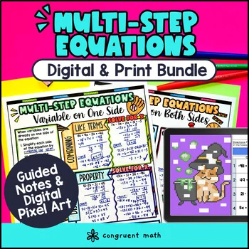 Thumbnail for Multi Step Equations Digital & Print Bundle | Guided Notes Pixel Art Doodle Math
