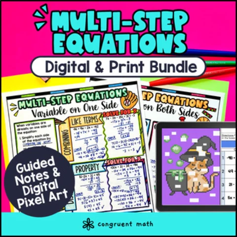 Thumbnail for Multi Step Equations Digital & Print Bundle | Guided Notes Pixel Art Doodle Math