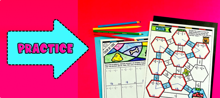 Adding and Subtracting Fractions with Unlike Denominators Practice - Maze and Color by Number Activity