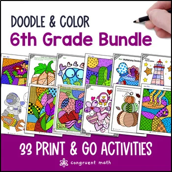 Thumbnail for 6th Grade Doodle Math BUNDLE | Twist on Color by Number Worksheets | Sub Plans