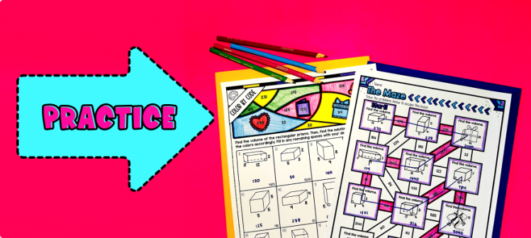 Volume of Rectangular Prisms with Whole Number Edge Lengths Maze, Color by Number, Color by Code Practice Problem Sets