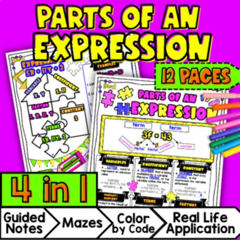 Thumbnail for Identify Parts of an Expression â€” Guided Notes with Doodle & Color by Number