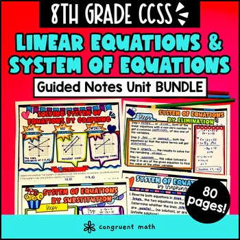 Thumbnail for Linear Equations & System of Equations Guided Notes Unit Bundle | 8th Grade CCSS
