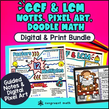 Thumbnail for GCF and LCM Digital & Print Bundle | Guided Notes Pixel Art Doodle Math