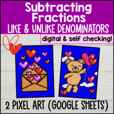 Thumbnail for Subtracting Fractions with Like Unlike Denominators — 2 Pixel Art Google Sheets