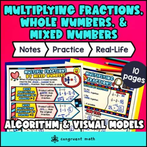 Thumbnail for Multiplying Fractions, Whole Numbers, Mixed Numbers Guided Notes Doodles Tiling