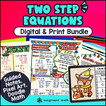 Thumbnail for Two Step Equations Rational Numbers | 7th 8th Grade Notes Pixel Art Doodle Math