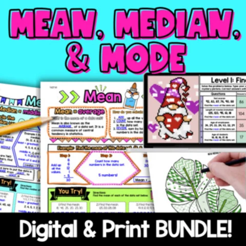 Thumbnail for Mean Median Mode BUNDLE — Notes, Applications, Pixel Art, Doodle Math