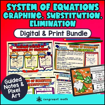 Thumbnail for System of Equations Graphing Substitution Elimination Guided Notes & Pixel Art
