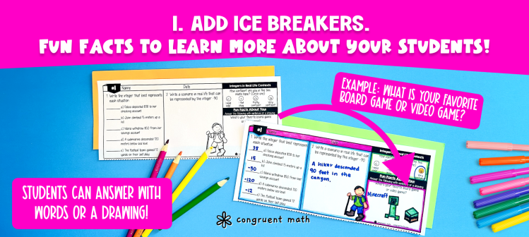 Ice Breaker Warm Ups for Middle School Math classroom Banner