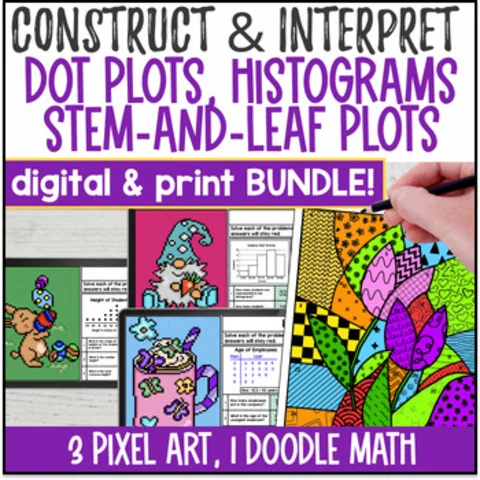 Thumbnail for Dot Plots, Histograms, Stem & Leaf Plots BUNDLE Pixel Art & Color by Number