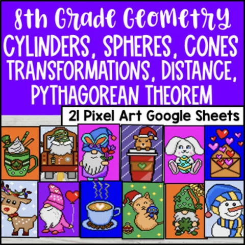 Thumbnail for Geometry Digital Pixel Art BUNDLE | 8th Grade | 3D Shapes, Pythagorean Theorem