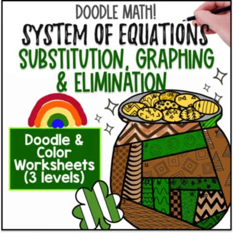 Thumbnail for System of Equations Substitution Graphing Elimination — Doodle & Color by Number