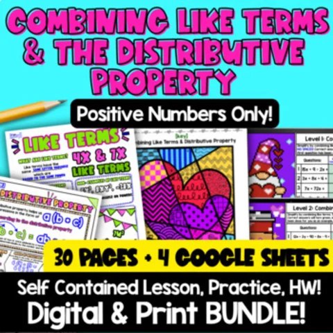 Thumbnail for Valentine's Day Combining Like Terms & Distributive Property | Print & Digital