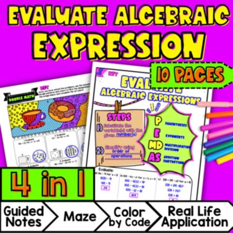 Thumbnail for Evaluating Algebraic Expressions — Guided Notes, Doodle Color by Number,