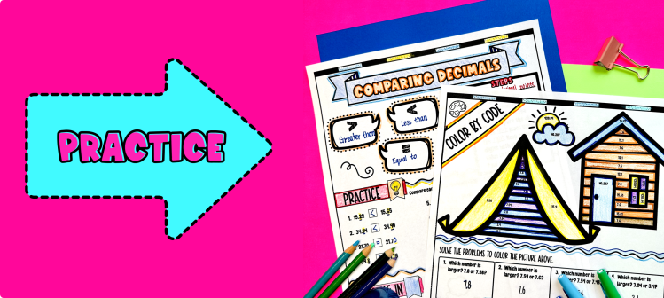 Practice for a decimal place value lesson plan featuring a worksheet and color by code activity.