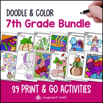 Thumbnail for 7th Grade Doodle Math BUNDLE | Twist on Color by Number Worksheets | Sub Plans