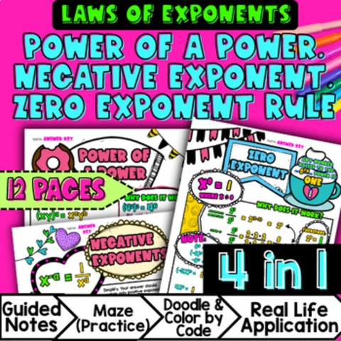 Thumbnail for Law of Exponents Negative Zero Power Rules — Guided Notes Doodle & Color by Code