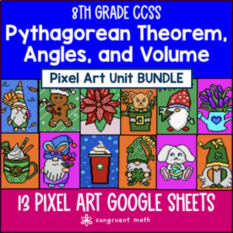 Thumbnail for Geometry Pythagorean Theorem, Volume Pixel Art Unit BUNDLE | 8th Grade CCSS