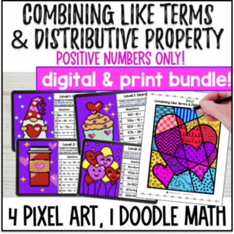Thumbnail for Combining Like Terms and Distribute BUNDLE â€” Pixel Art & Doodle Math