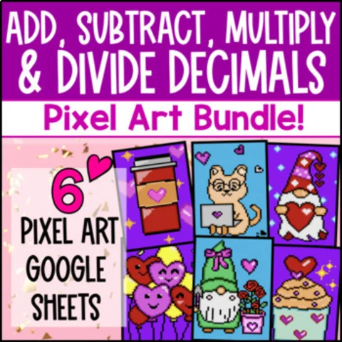 Thumbnail for Decimal Operations Digital Pixel Art BUNDLE Add subtract multiply divide decimal