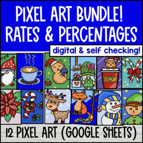 Thumbnail for Ratio, Rates, Percents, Unit Conversions Pixel Art BUNDLE — 12 Google Sheets