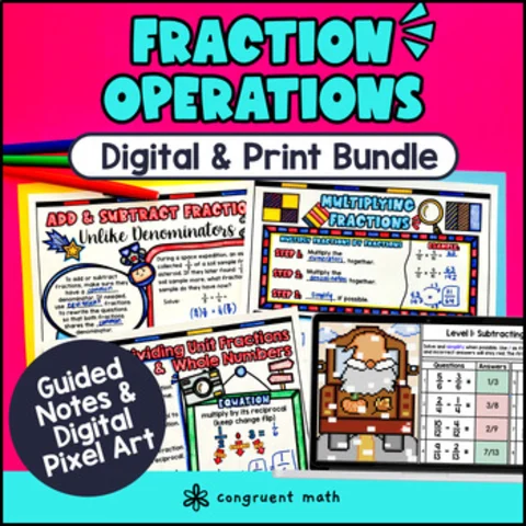 Thumbnail for Fractions Operations Guided Notes Pixel Art Google Sheets Digital & Print Lesson