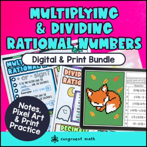 Thumbnail for Multiplying Dividing Rational Numbers Digital & Print Bundle | Notes & Pixel Art
