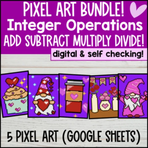 Thumbnail for Integer Operations Add, Subtract, Multiply, Divide Integers — Pixel Art BUNDLE